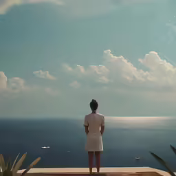 a woman looks out over the ocean on a cloudy day