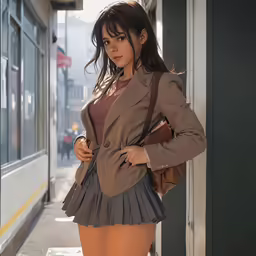 woman in short skirt leaning up against wall