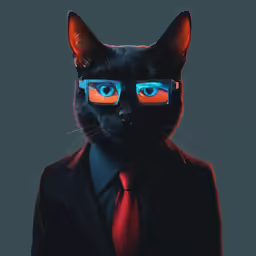 a black cat wearing bright blue glasses in a suit