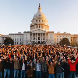 a large crowd of people holding up their hands