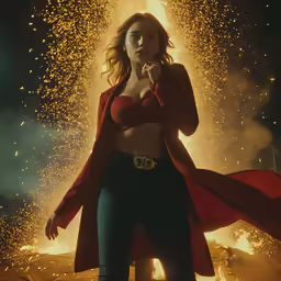 an attractive woman is dressed up in an action pose