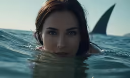 a woman is standing in the water and has a shark tail