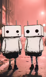 two cartoon characters sitting down with head turned to look like they are facing each other