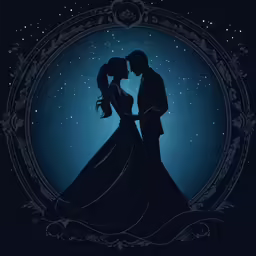 a silhouette of a man and woman kissing in a dark room with stars above them