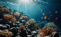 a coral reef with orange and yellow fish swimming over it