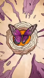 the purple and orange butterfly is flying through a glass jar