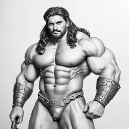 a man with long hair, muscular torso and arm muscles standing