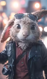 a small furry animal dressed in leather and sunglasses