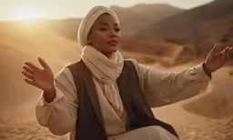 a woman in a scarf and hijab kneeling on a desert road