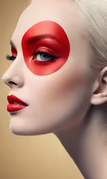 a woman with bright red and white makeup