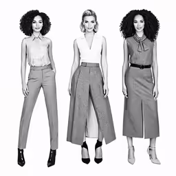 three ladies wearing pants and high heels standing in front of white background