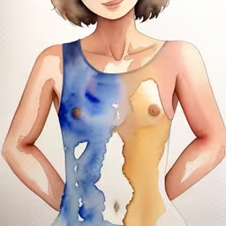 a girl with a blue shirt and blue eyes,a woman with her right breast visible without a bra