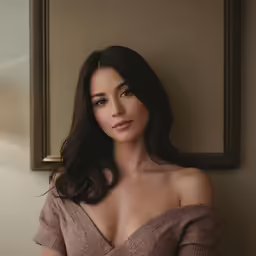 the lady has long hair in a beige sweater