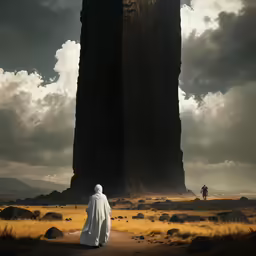 a man standing in a desert area near an enormous monument