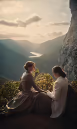two woman sit on a mountain overlooking a lake