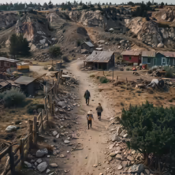 two people walking on dirt path with houses and mountains in the background