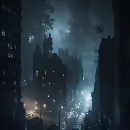 city street lights shine from a foggy night