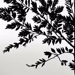 black and white silhouettes of leaves against the sky,a tree with leaves is pictured in this photograph