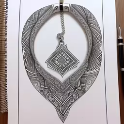 a book with an artistic design on it,a picture of a necklace, with a pen laying next to it
