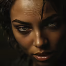 an evil looking woman with dark makeup and brown hair