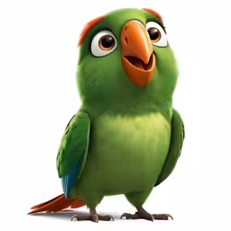 an animated bird with large eyes is sitting on the ground