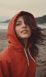 a woman with long, thick hair wearing an orange sweatshirt