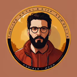a digital illustration of a hipster in the likeness of george pilk, with orange background,a portrait illustration of a man wearing glasses