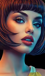 a woman with dark hair and blue eyes