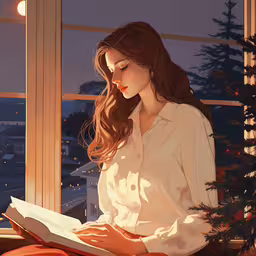 a lady is reading by a window with christmas lights in the background,woman reading book sitting in chair at window sill