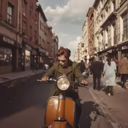 a person on a moped going down a city street