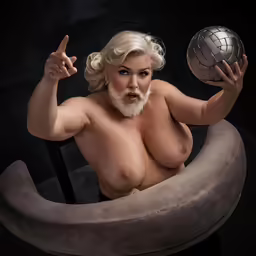 an old - fashioned nude woman with big breast and a grey beard, holding a crystal ball while posing