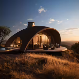 round shaped, modern home sitting atop of a mountain overlooking a pool
