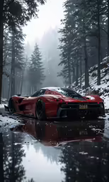 a red sports car driving down the road in the middle of snow