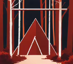 a red painting in the woods with abstract designs,an abstract red and black painting with tall trees