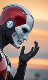 a person with red and white skin wearing a black glove and a white face helmet