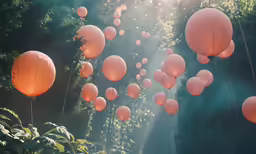 many lit up lanterns in the air on string