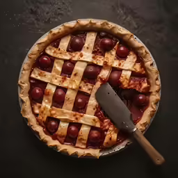 a pie has several red cherries and a large knife