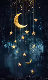 a moon and a star mobile on a window