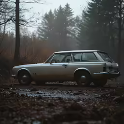 an old beige station wagon parked on the side of a road