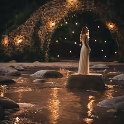 a woman standing on rocks in the water by some stone arches