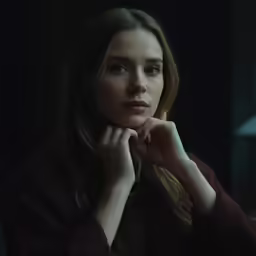 a young woman wearing a red sweater with her hand on her cheek