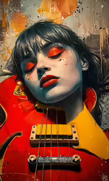 a woman with her face half painted and playing an electric guitar