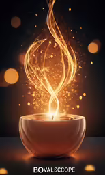 a bowl of food with a long handle and yellow flame on it