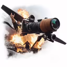 a person in black clothes holding a camera near a fire