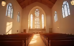 an empty church with pews facing different windows