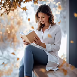 a woman sitting on a bench holding a book and reading