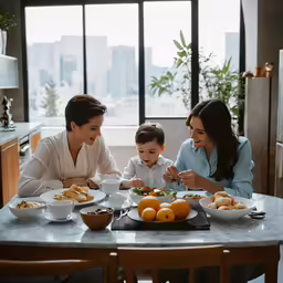 two women and a child sitting at a table eating