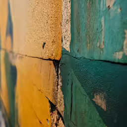 the green, yellow and blue paint on the walls