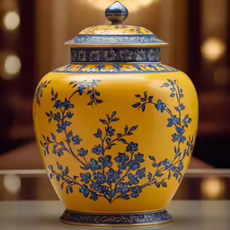the yellow flowered vase is next to a mirror