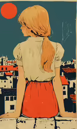 a girl with long hair stands on a wall overlooking a city